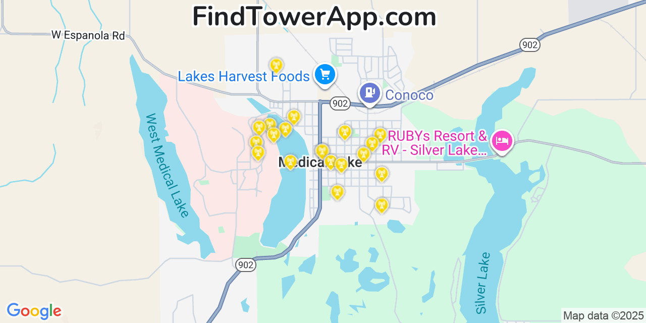 Map showing the 20 primary cell tower locations detected in Medical Lake, Washington from AT&T, Verizon, and T-Mobile networks