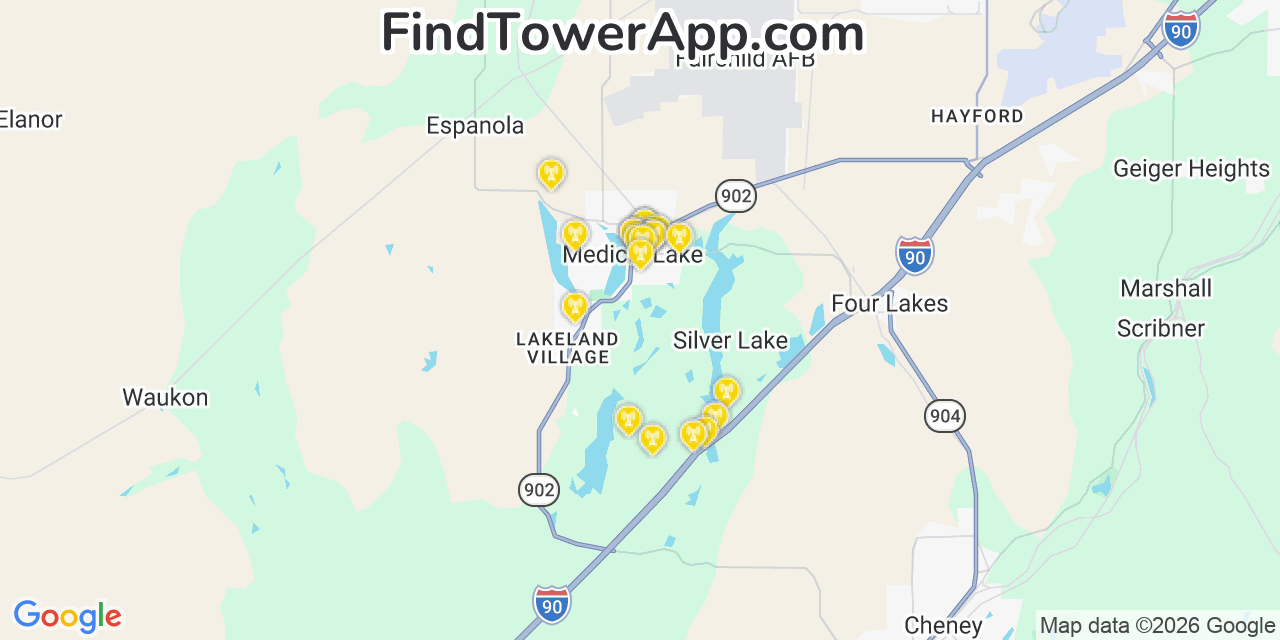 Map showing the 20 primary cell tower locations detected in Medical Lake, Washington from AT&T, Verizon, and T-Mobile networks