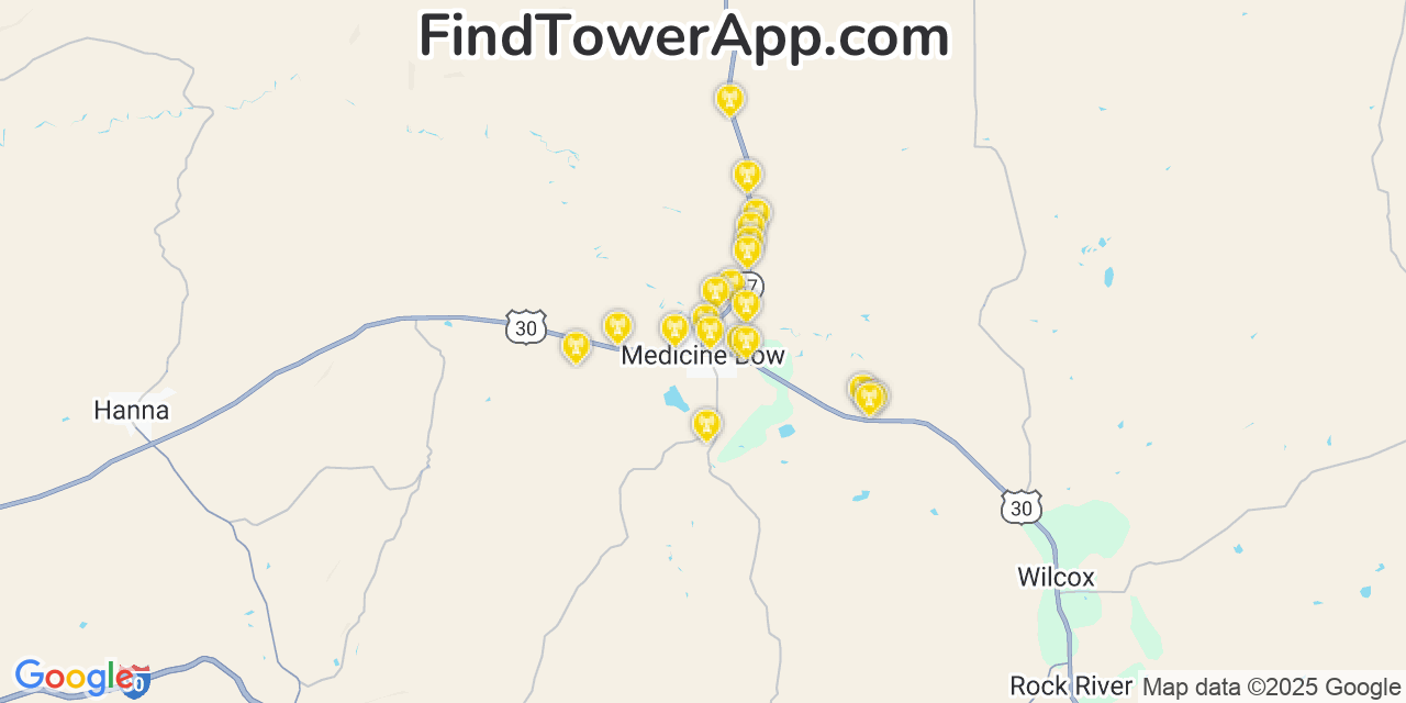Map showing the 20 primary AT&T cell tower locations detected in Medicine Bow, Wyoming with coverage radius and signal strength indicators