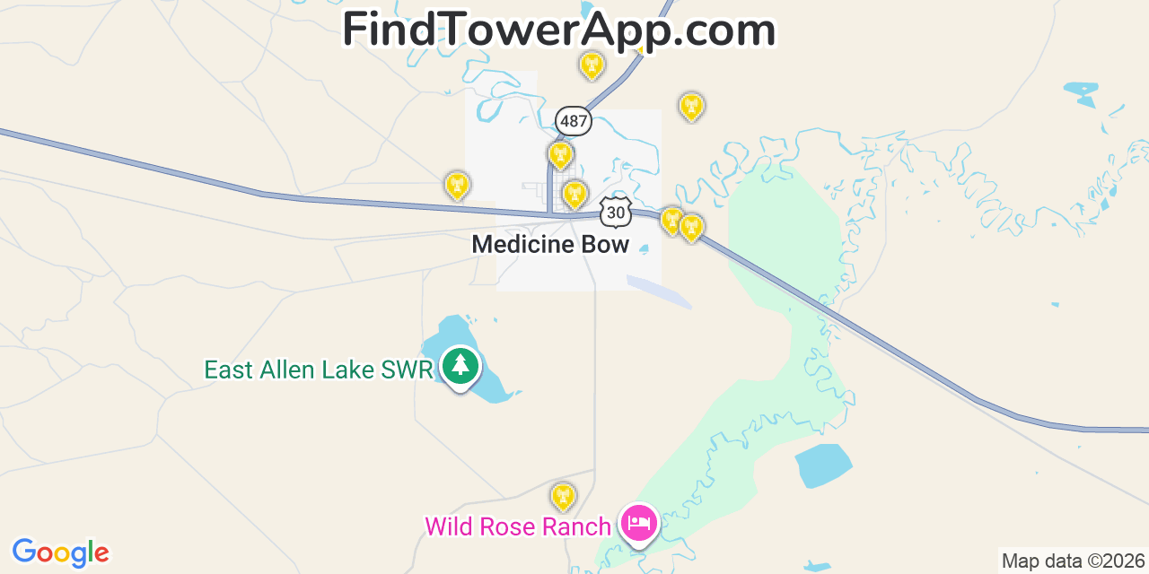 Map showing the 20 primary cell tower locations detected in Medicine Bow, Wyoming from AT&T, Verizon, and T-Mobile networks