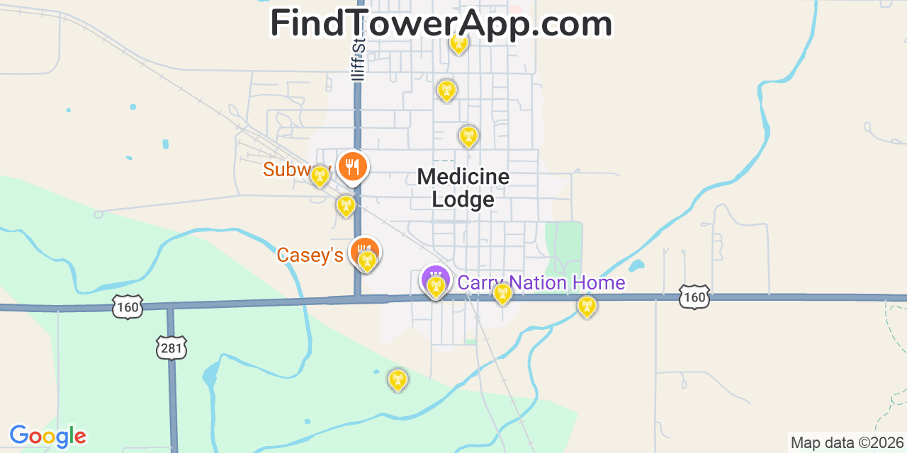 Map showing the 20 primary cell tower locations detected in Medicine Lodge, Kansas from AT&T, Verizon, and T-Mobile networks