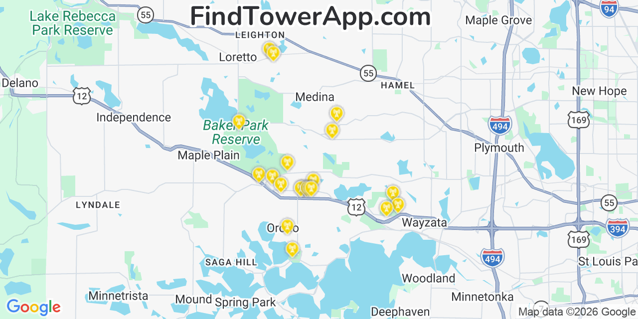 Map showing the 20 primary cell tower locations detected in Medina, Minnesota from AT&T, Verizon, and T-Mobile networks