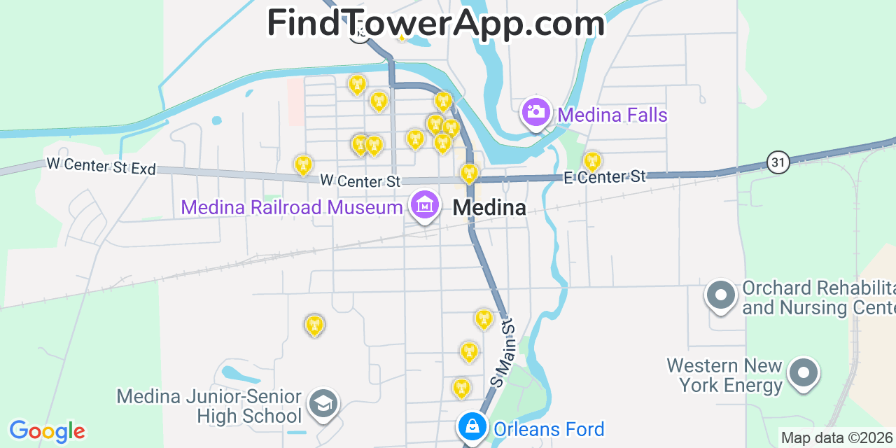 Map showing the 20 primary cell tower locations detected in Medina, New York from AT&T, Verizon, and T-Mobile networks