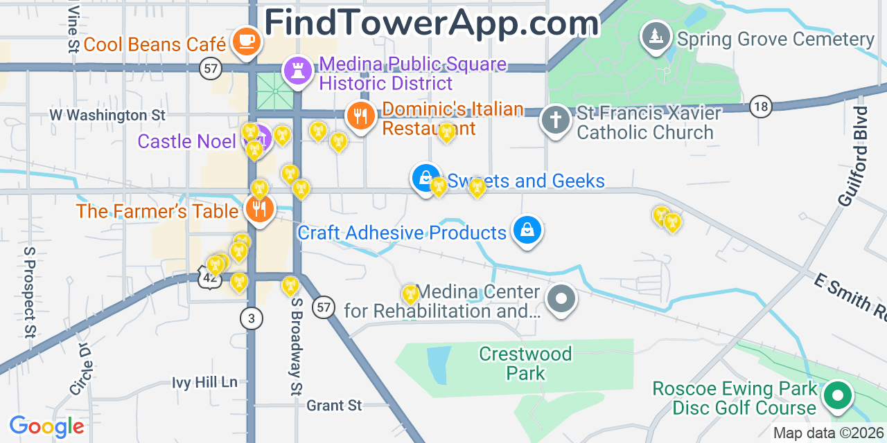 Map showing the 20 primary cell tower locations detected in Medina, Ohio from AT&T, Verizon, and T-Mobile networks