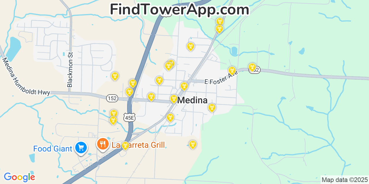 Map showing the 20 primary cell tower locations detected in Medina, Tennessee from AT&T, Verizon, and T-Mobile networks