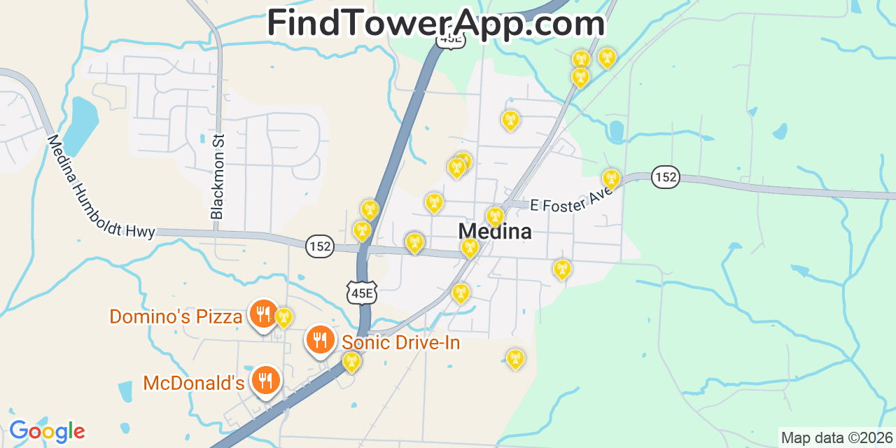Map showing the 20 primary cell tower locations detected in Medina, Tennessee from AT&T, Verizon, and T-Mobile networks