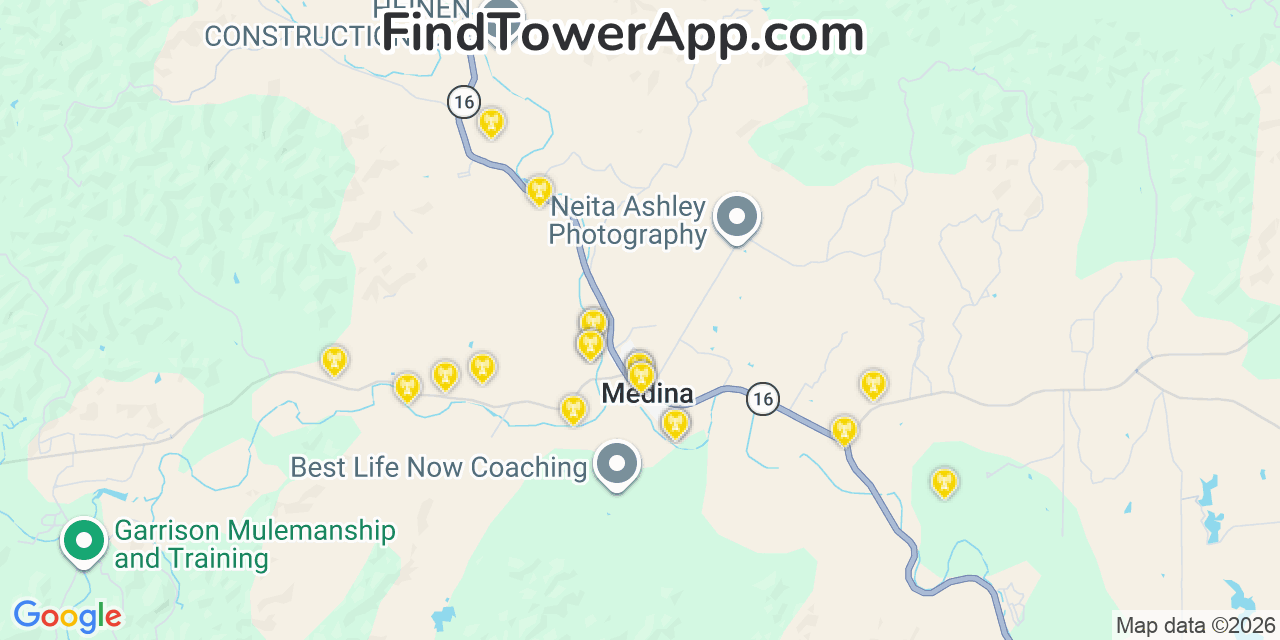 Map showing the 20 primary cell tower locations detected in Medina, Texas from AT&T, Verizon, and T-Mobile networks