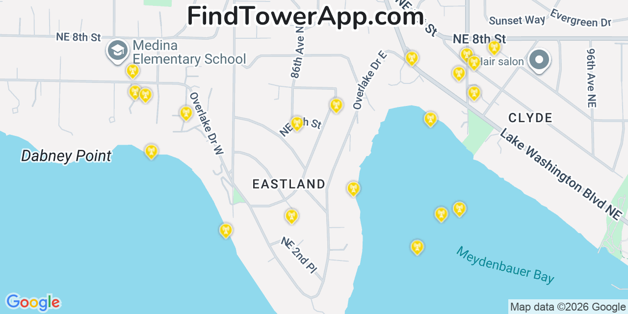 Map showing the 20 primary cell tower locations detected in Medina, Washington from AT&T, Verizon, and T-Mobile networks