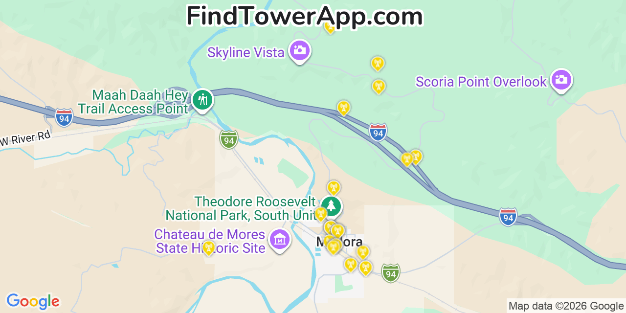 Map showing the 20 primary cell tower locations detected in Medora, North Dakota from AT&T, Verizon, and T-Mobile networks