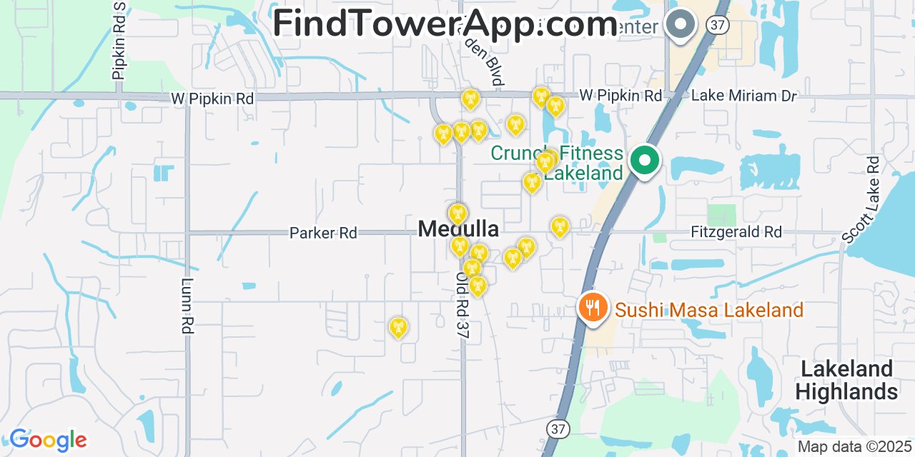 Map showing the 20 primary cell tower locations detected in Medulla, Florida from AT&T, Verizon, and T-Mobile networks