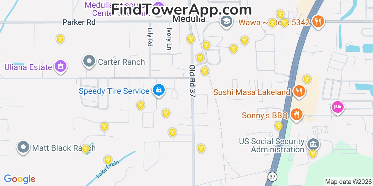 Map showing the 20 primary cell tower locations detected in Medulla, Florida from AT&T, Verizon, and T-Mobile networks