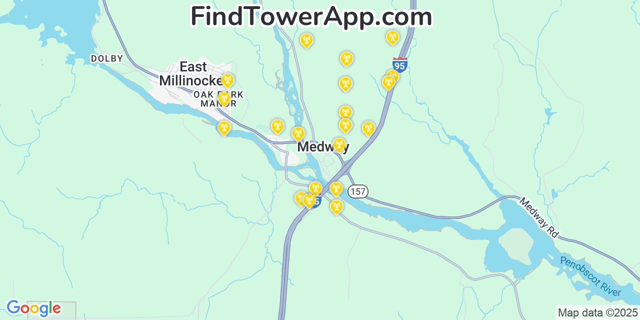 Map showing the 20 primary cell tower locations detected in Medway, Maine from AT&T, Verizon, and T-Mobile networks