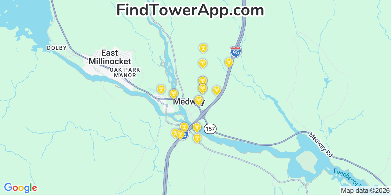 Map showing the 20 primary cell tower locations detected in Medway, Maine from AT&T, Verizon, and T-Mobile networks