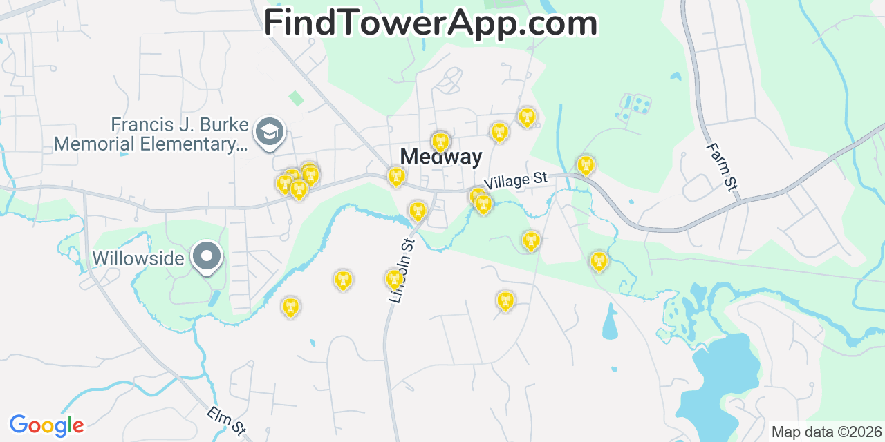 Map showing the 20 primary cell tower locations detected in Medway, Massachusetts from AT&T, Verizon, and T-Mobile networks