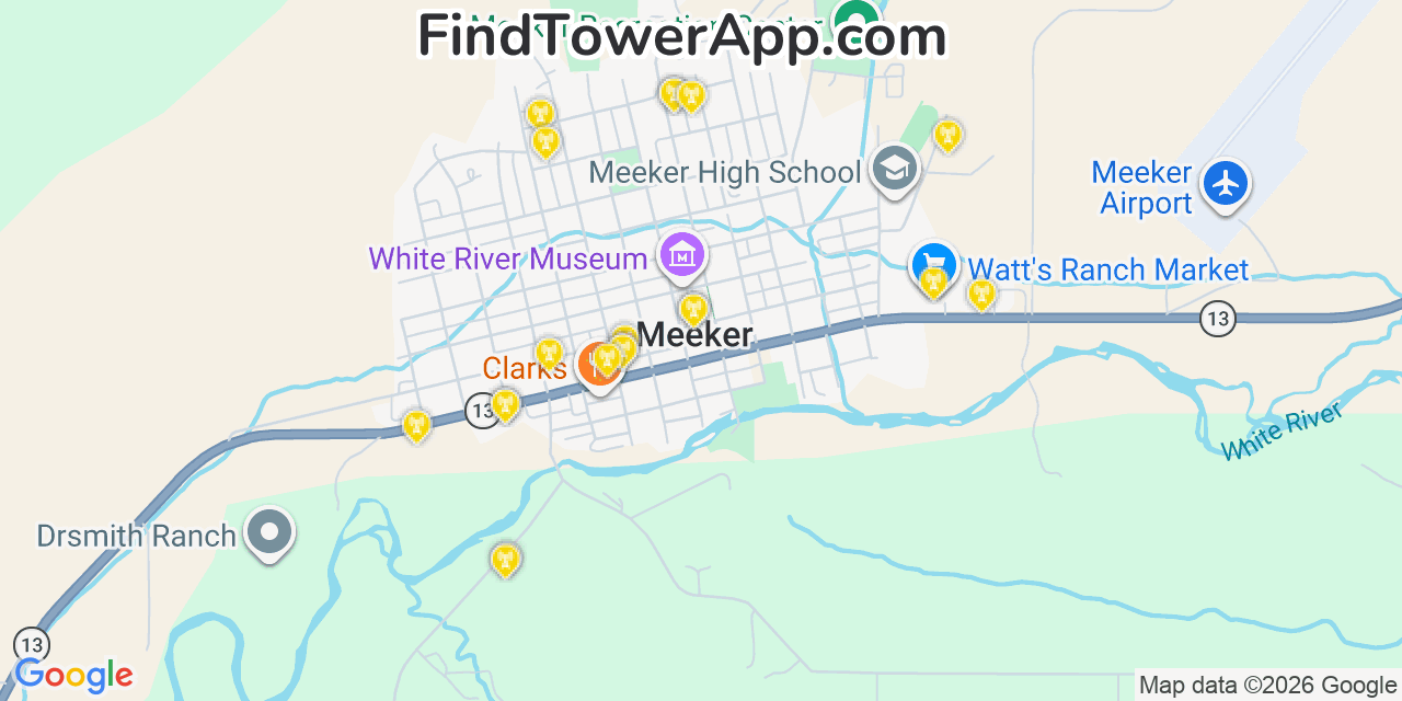 Map showing the 20 primary cell tower locations detected in Meeker, Colorado from AT&T, Verizon, and T-Mobile networks