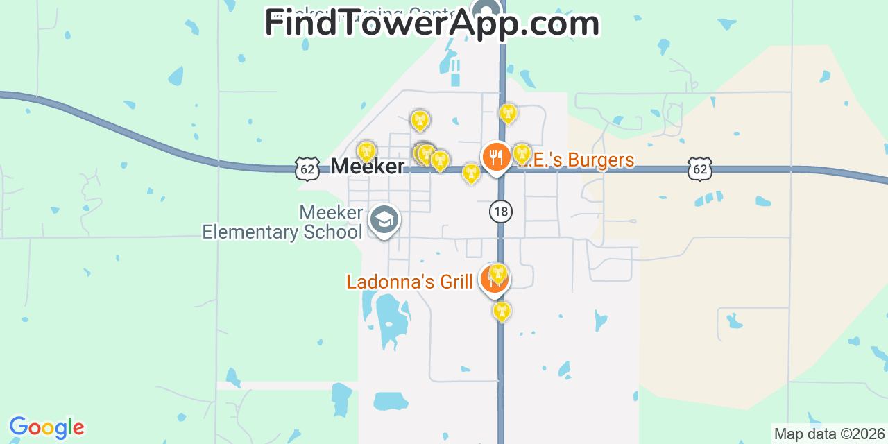 Map showing the 20 primary cell tower locations detected in Meeker, Oklahoma from AT&T, Verizon, and T-Mobile networks