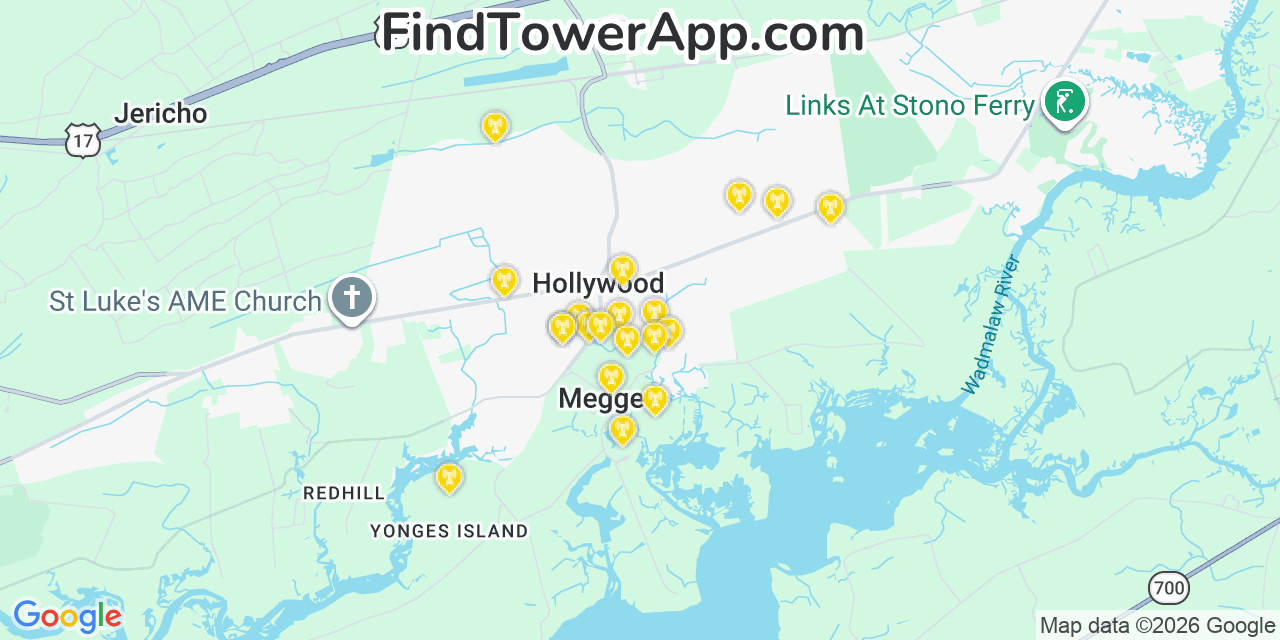 Map showing the 20 primary cell tower locations detected in Meggett, South Carolina from AT&T, Verizon, and T-Mobile networks