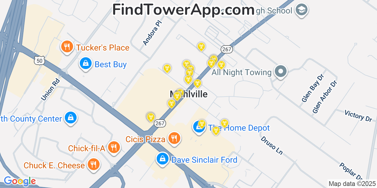 Map showing the 20 primary cell tower locations detected in Mehlville, Missouri from AT&T, Verizon, and T-Mobile networks