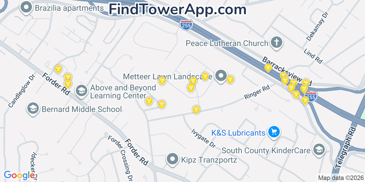 Map showing the 20 primary cell tower locations detected in Mehlville, Missouri from AT&T, Verizon, and T-Mobile networks