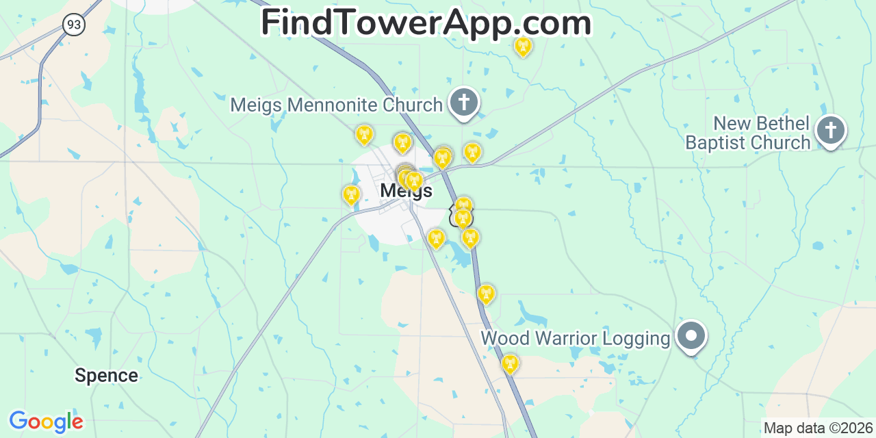 Map showing the 20 primary cell tower locations detected in Meigs, Georgia from AT&T, Verizon, and T-Mobile networks