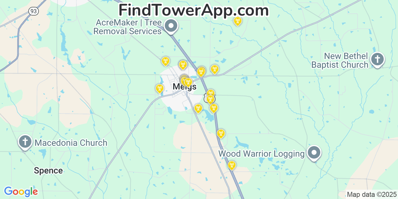 Map showing the 20 primary Mobitel cell tower locations detected in Meigs, Georgia with coverage radius and signal strength indicators