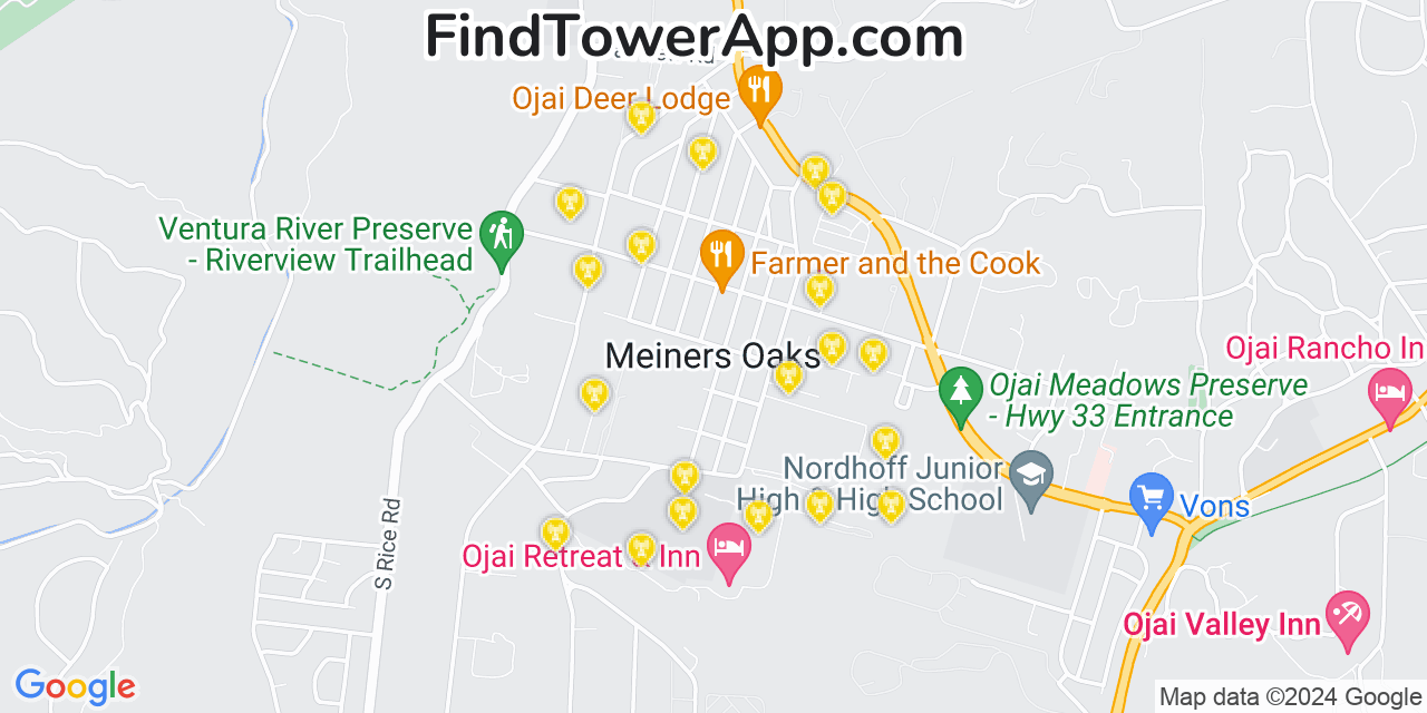 AT&T 4G/5G cell tower coverage map Meiners Oaks, California