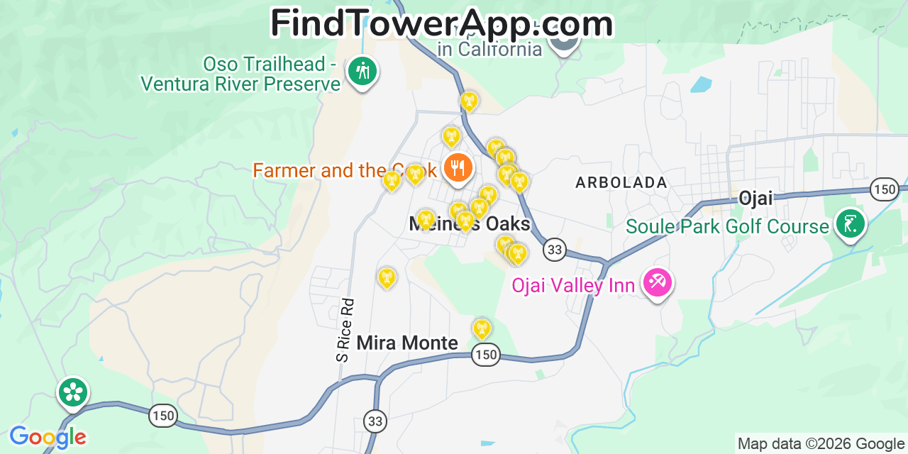 Map showing the 20 primary cell tower locations detected in Meiners Oaks, California from AT&T, Verizon, and T-Mobile networks