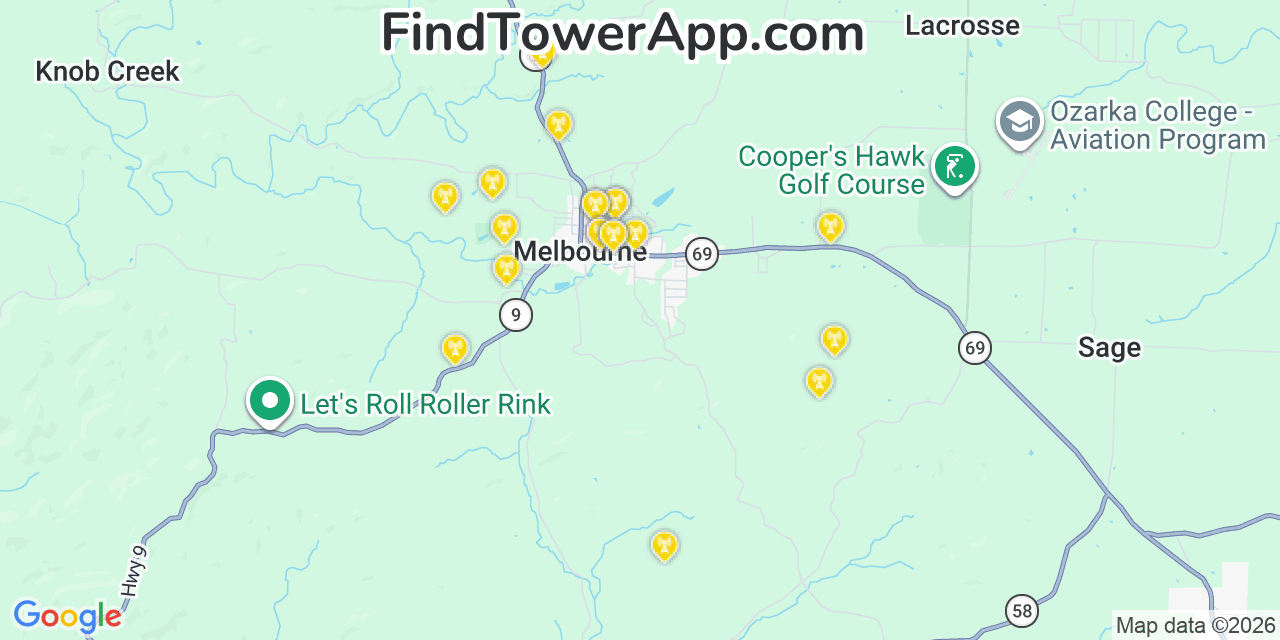 Map showing the 20 primary cell tower locations detected in Melbourne, Arkansas from AT&T, Verizon, and T-Mobile networks