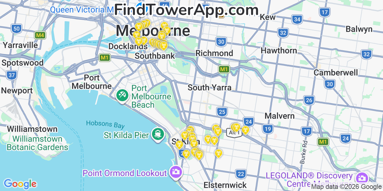 Map showing the 38 primary Clermont Coal cell tower locations in Melbourne, Australia