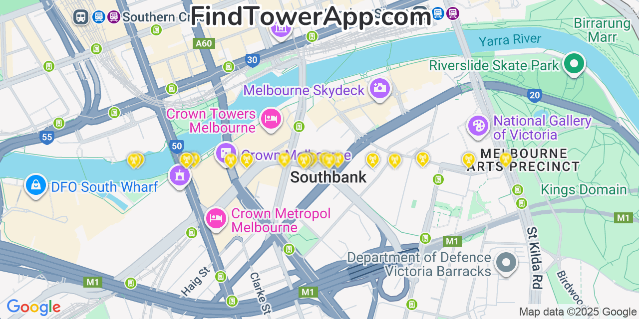 Map showing the 20 primary cell tower locations detected in Melbourne, Australia with coverage areas and signal strength