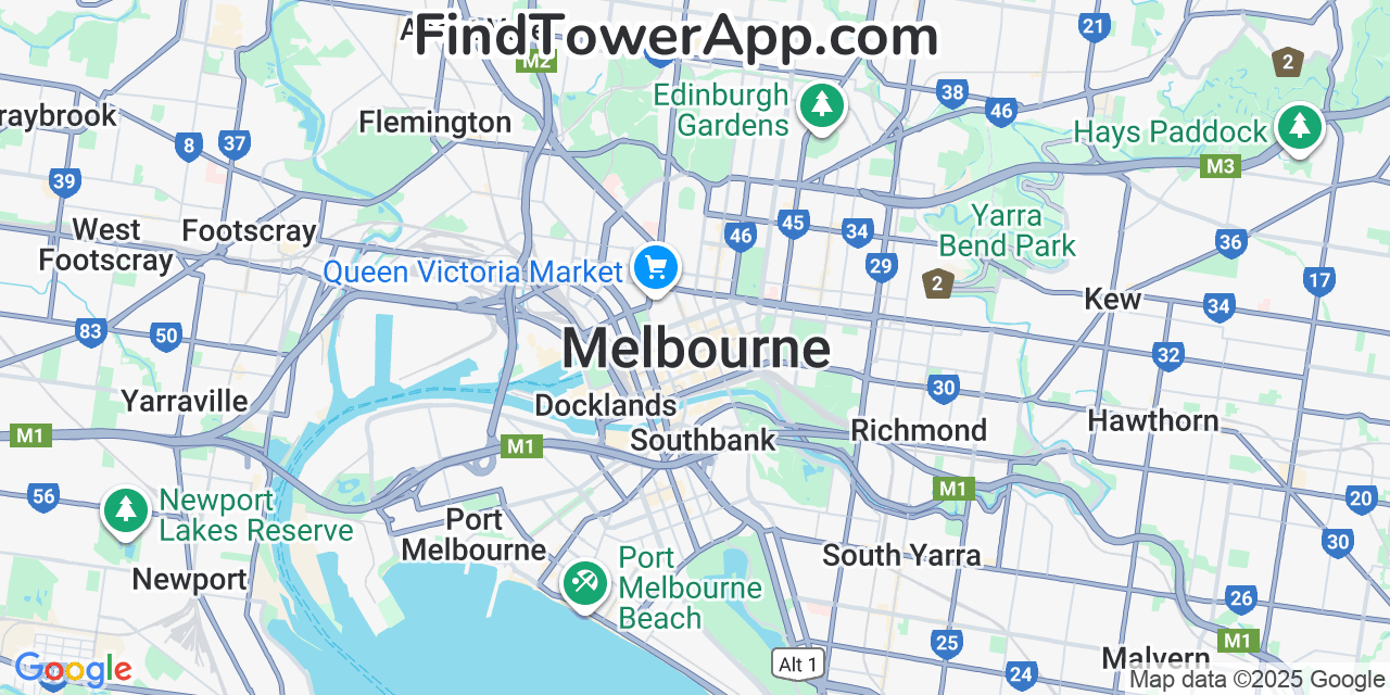 Map showing the 0 primary Pilbara-Iron-Company-Services-Pty cell tower locations detected in Melbourne, Australia with coverage radius and signal strength indicators