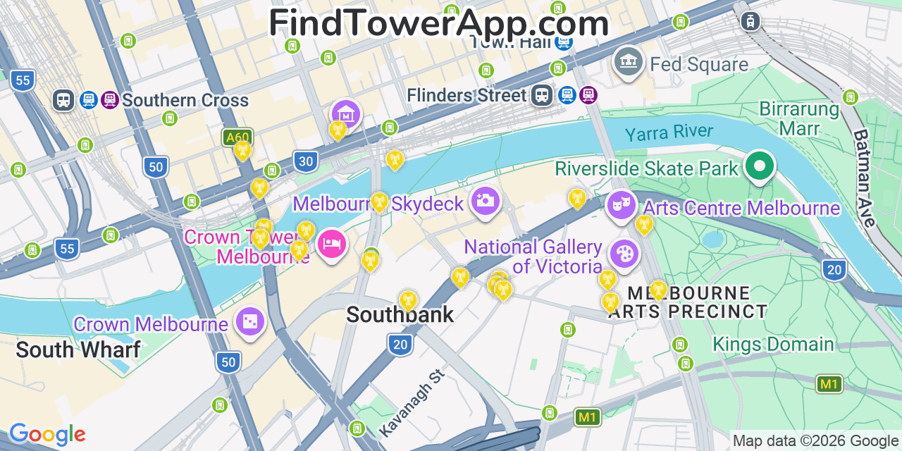 Map showing the 20 primary Pilbara Iron cell tower locations in Melbourne, Australia