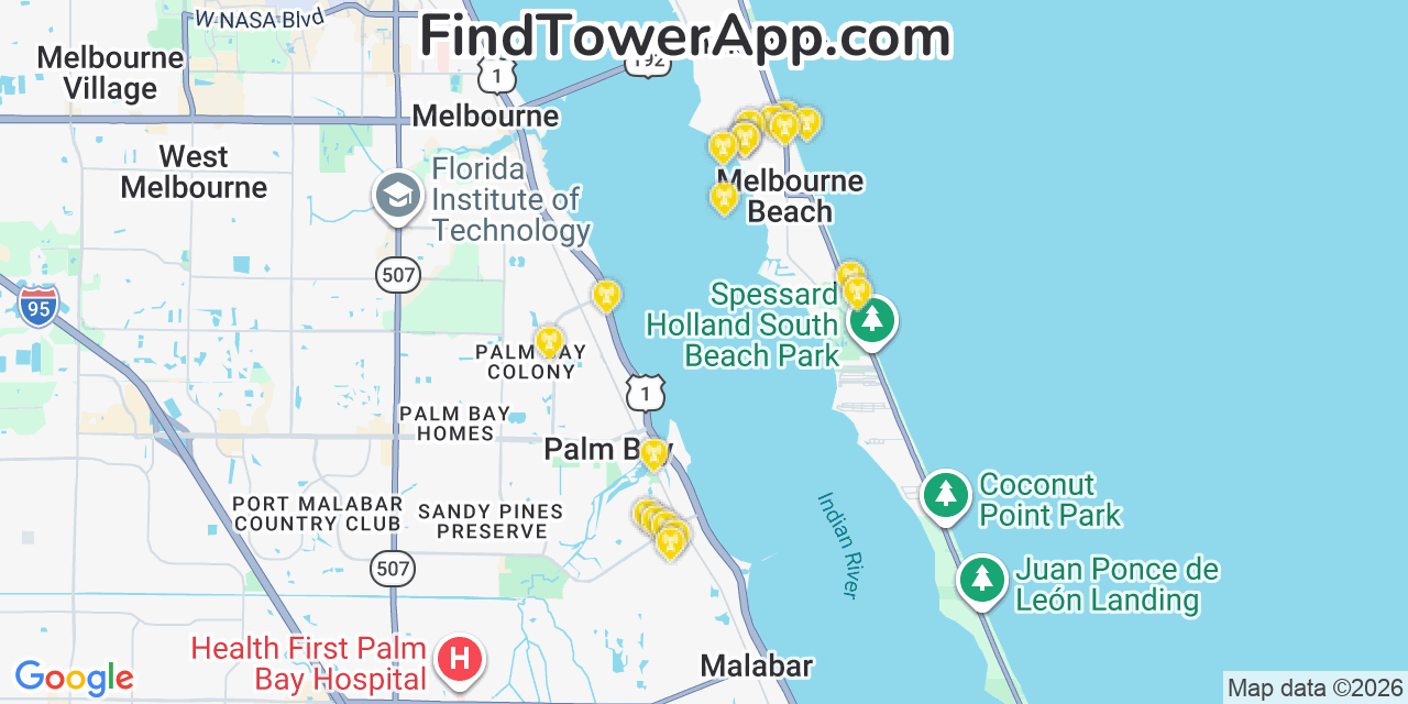 Map showing the 20 primary cell tower locations detected in Melbourne Beach, Florida from AT&T, Verizon, and T-Mobile networks