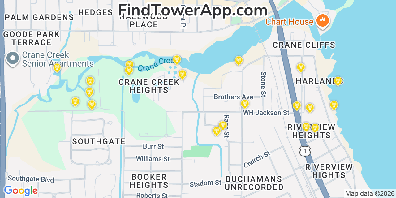 Map showing the 20 primary cell tower locations detected in Melbourne, Florida from AT&T, Verizon, and T-Mobile networks