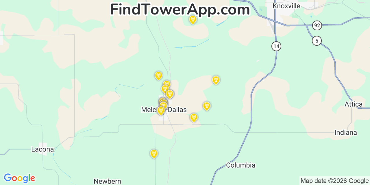 Map showing the 20 primary cell tower locations detected in Melcher Dallas, Iowa from AT&T, Verizon, and T-Mobile networks