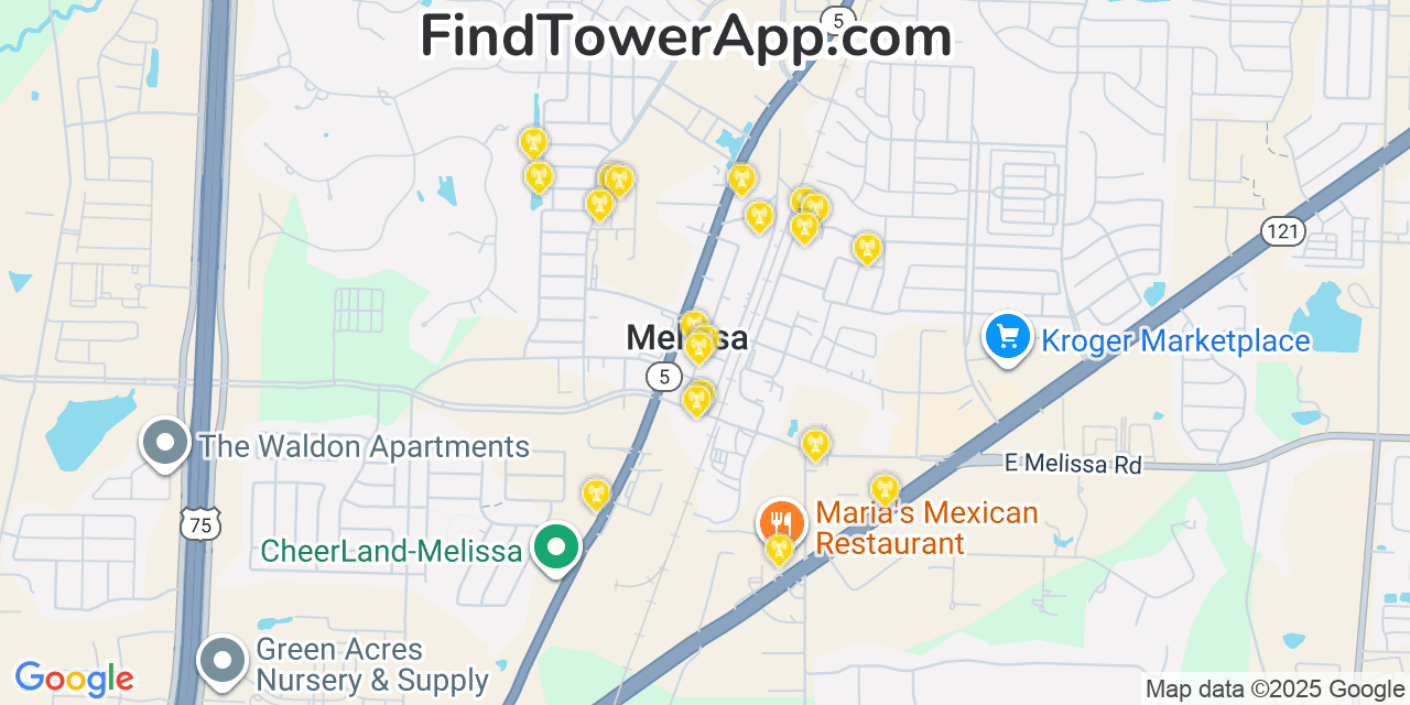 Map showing the 20 primary cell tower locations detected in Melissa, Texas from AT&T, Verizon, and T-Mobile networks