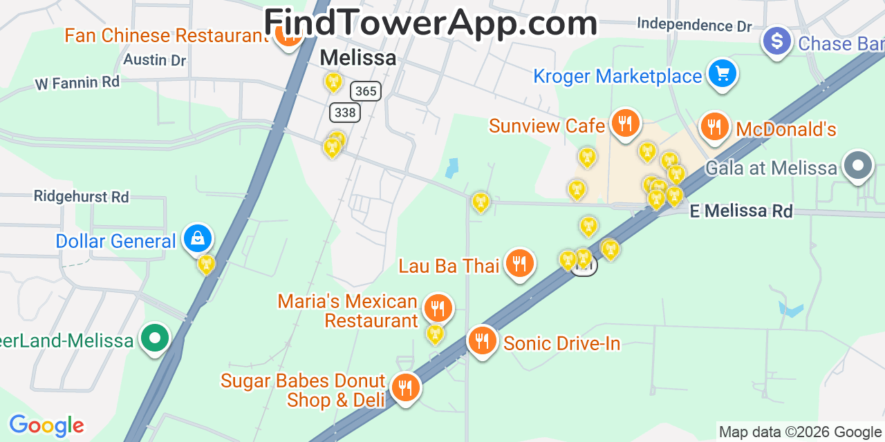 Map showing the 20 primary cell tower locations detected in Melissa, Texas from AT&T, Verizon, and T-Mobile networks