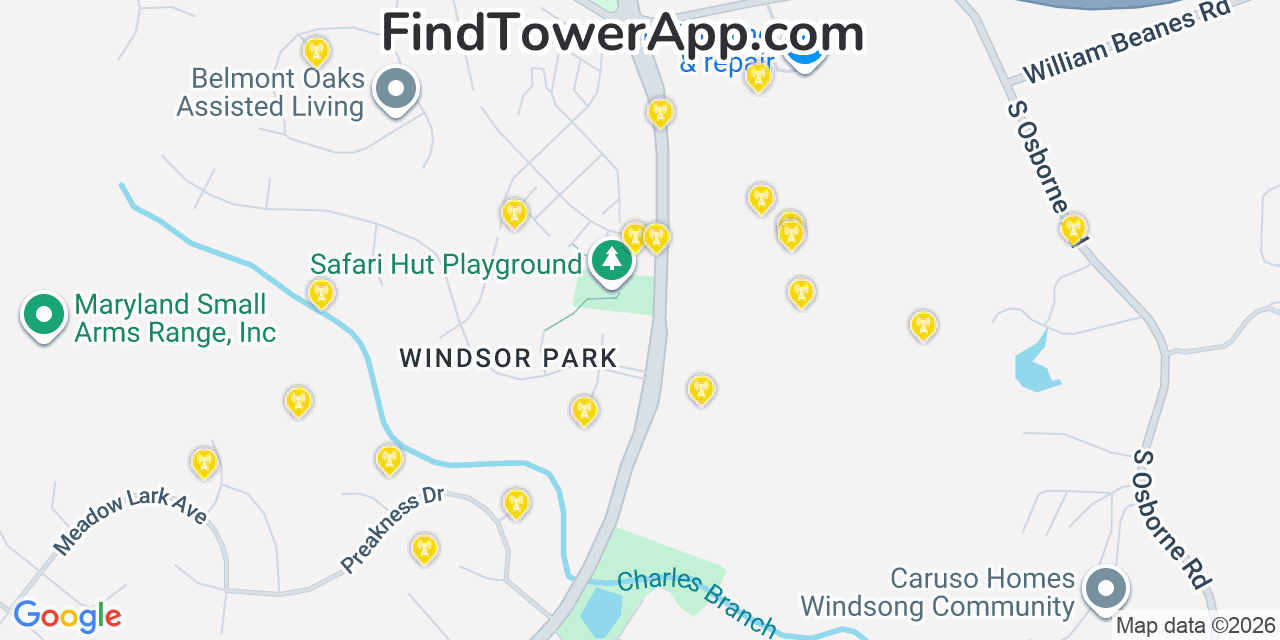 Map showing the 20 primary cell tower locations detected in Mellwood, Maryland from AT&T, Verizon, and T-Mobile networks