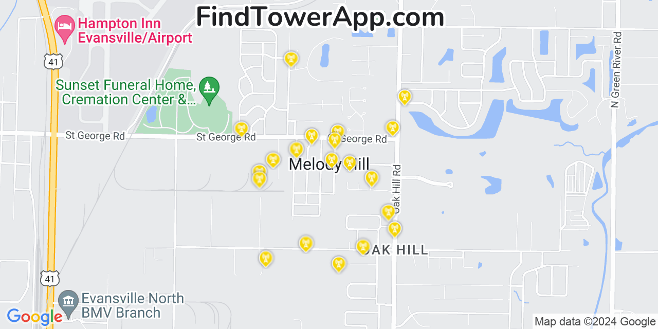 AT&T 4G/5G cell tower coverage map Melody Hill, Indiana