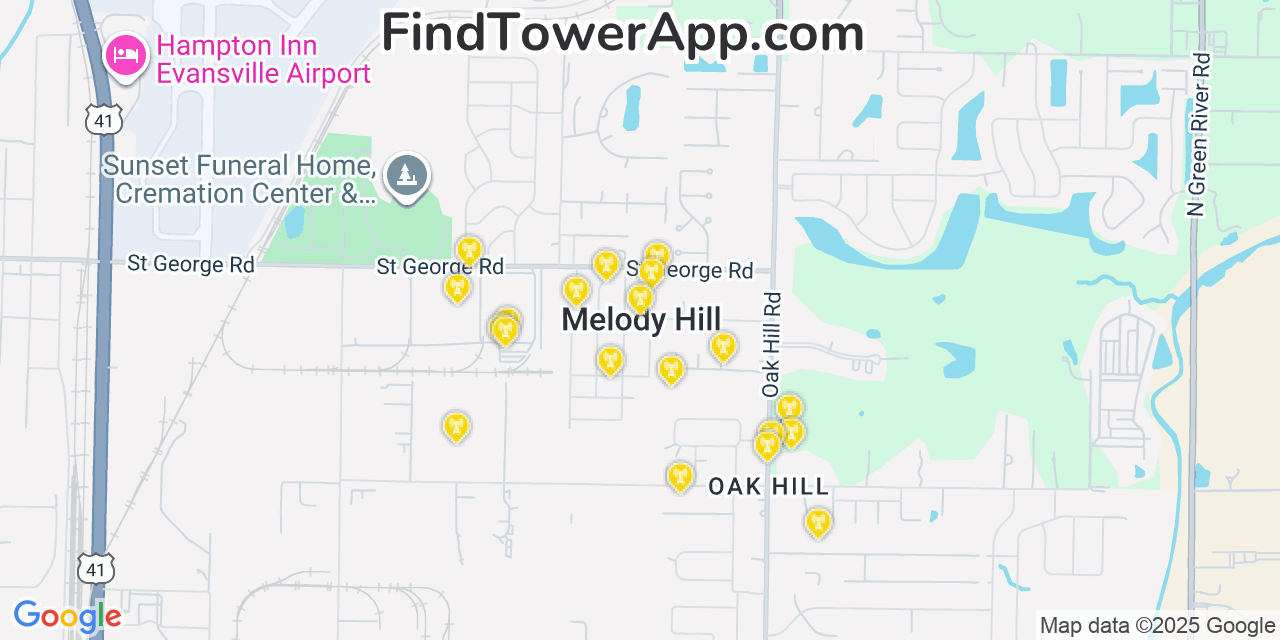 Map showing the 20 primary cell tower locations detected in Melody Hill, Indiana from AT&T, Verizon, and T-Mobile networks