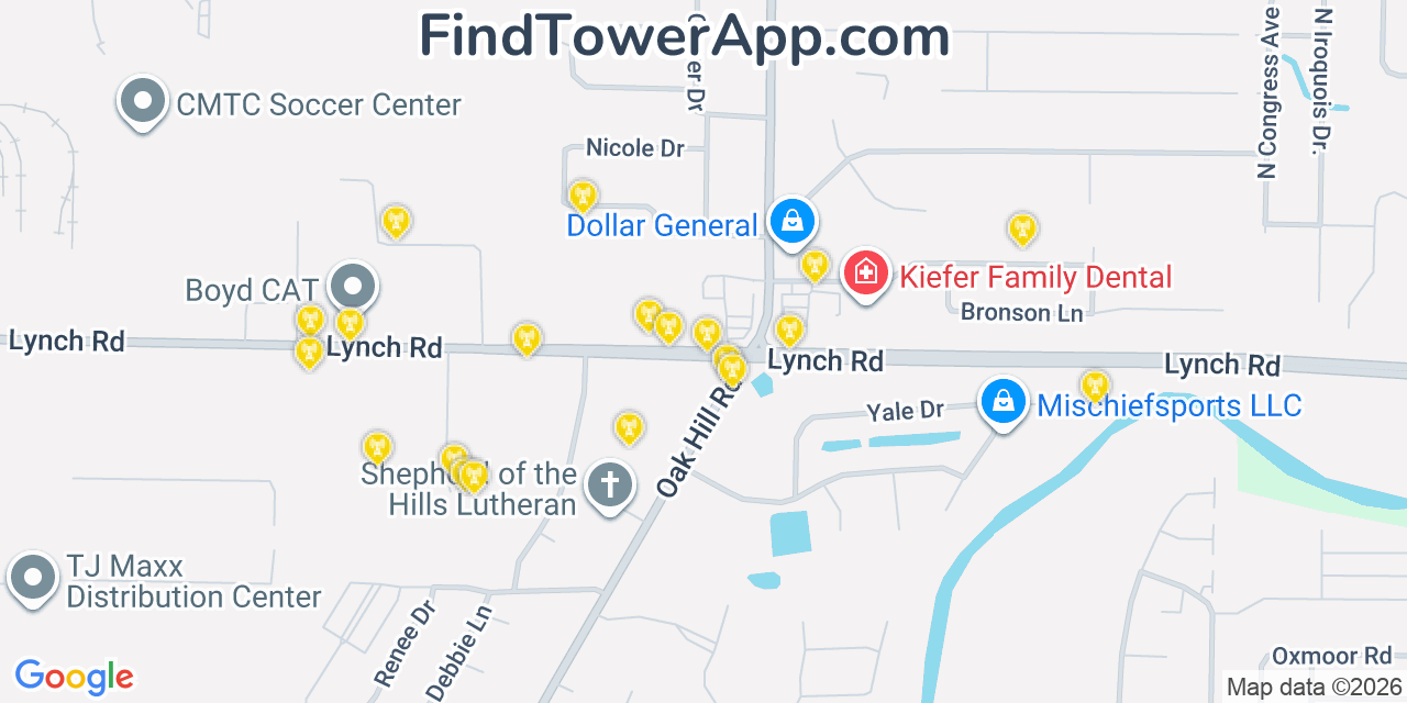 Map showing the 20 primary cell tower locations detected in Melody Hill, Indiana from AT&T, Verizon, and T-Mobile networks