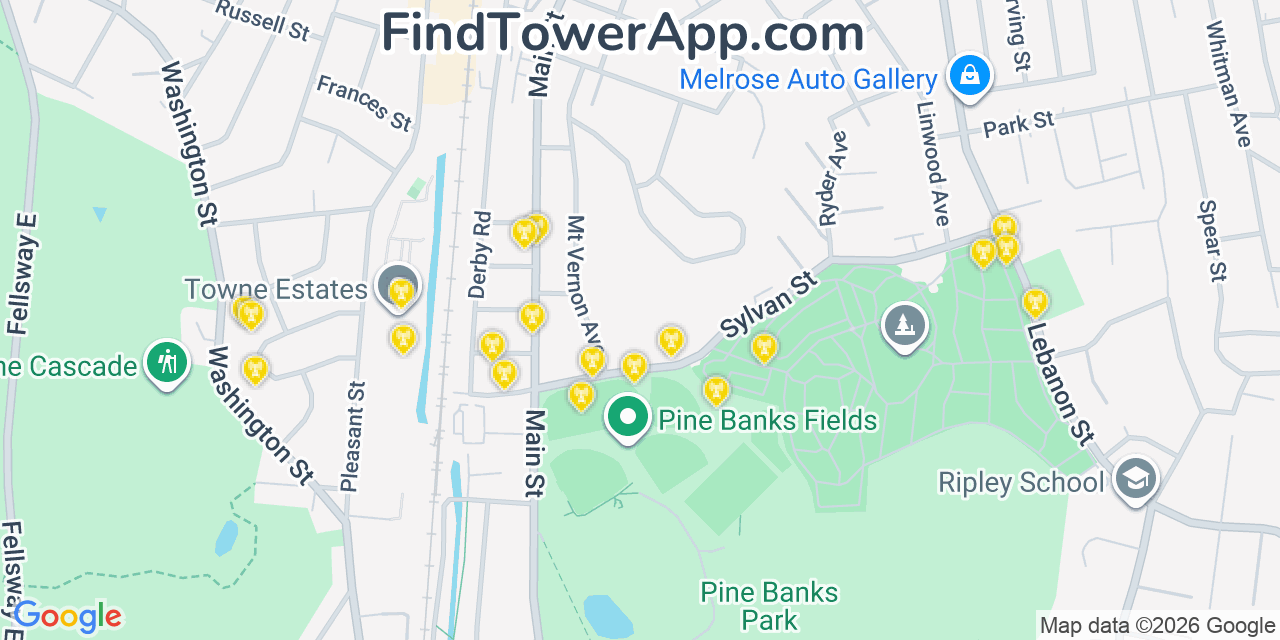 Map showing the 20 primary cell tower locations detected in Melrose, Massachusetts from AT&T, Verizon, and T-Mobile networks