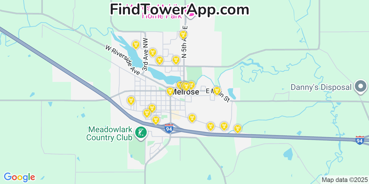 Map showing the 20 primary cell tower locations detected in Melrose, Minnesota from AT&T, Verizon, and T-Mobile networks