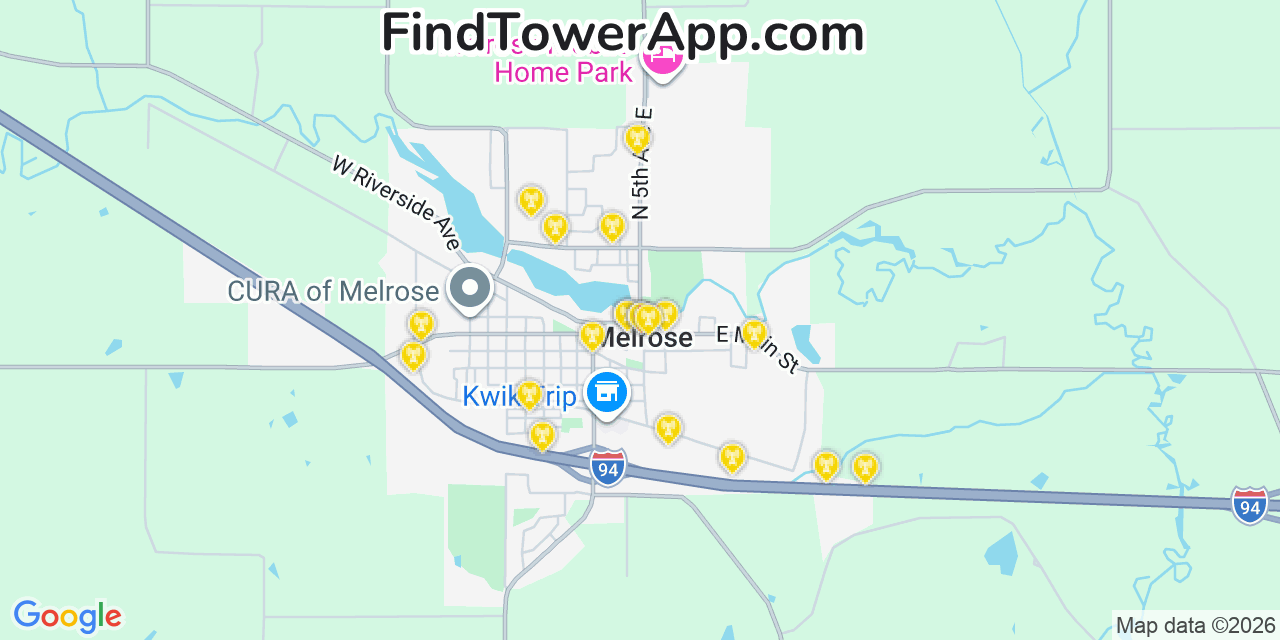 Map showing the 20 primary cell tower locations detected in Melrose, Minnesota from AT&T, Verizon, and T-Mobile networks