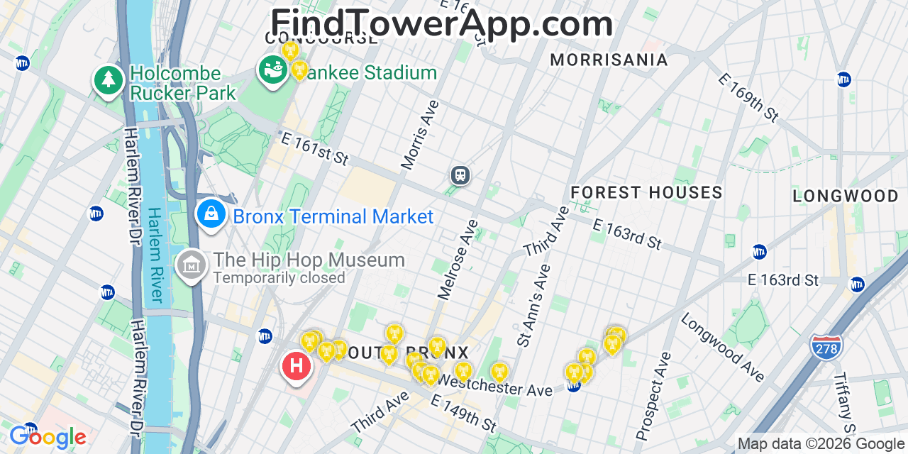 Map showing the 20 primary cell tower locations detected in Melrose, New York from AT&T, Verizon, and T-Mobile networks