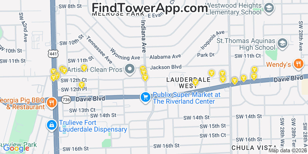 Map showing the 20 primary cell tower locations detected in Melrose Park, Florida from AT&T, Verizon, and T-Mobile networks