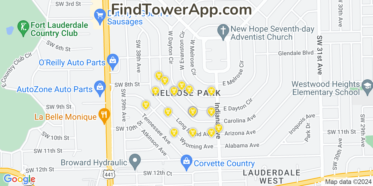 Verizon 4G/5G cell tower coverage map Melrose Park, Florida