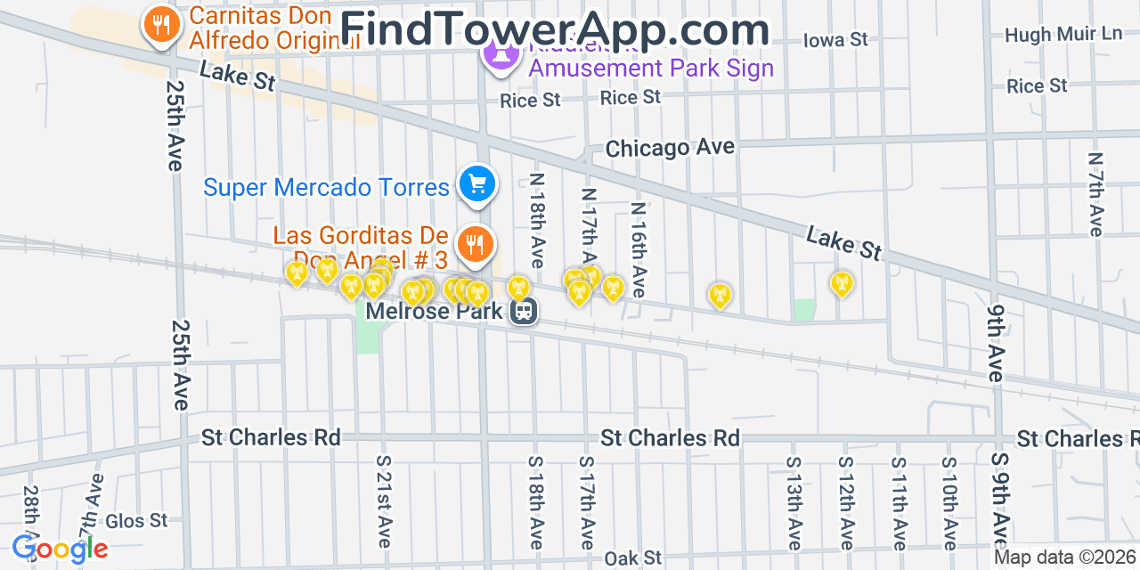 Map showing the 20 primary cell tower locations detected in Melrose Park, Illinois from AT&T, Verizon, and T-Mobile networks