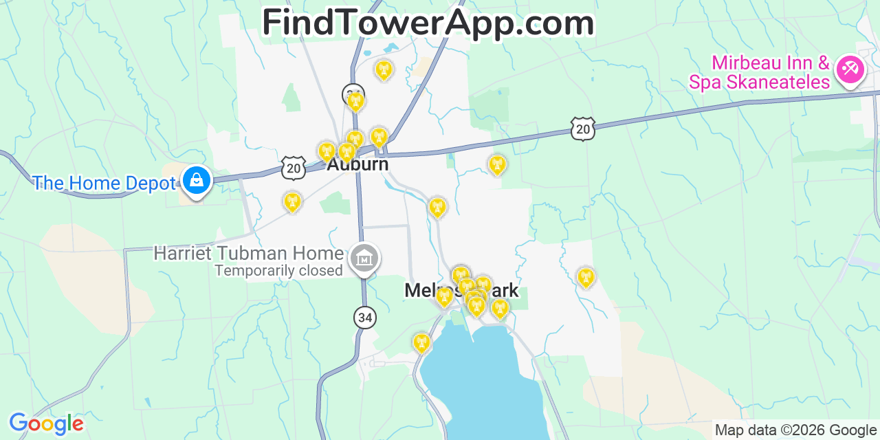 Map showing the 20 primary cell tower locations detected in Melrose Park, New York from AT&T, Verizon, and T-Mobile networks