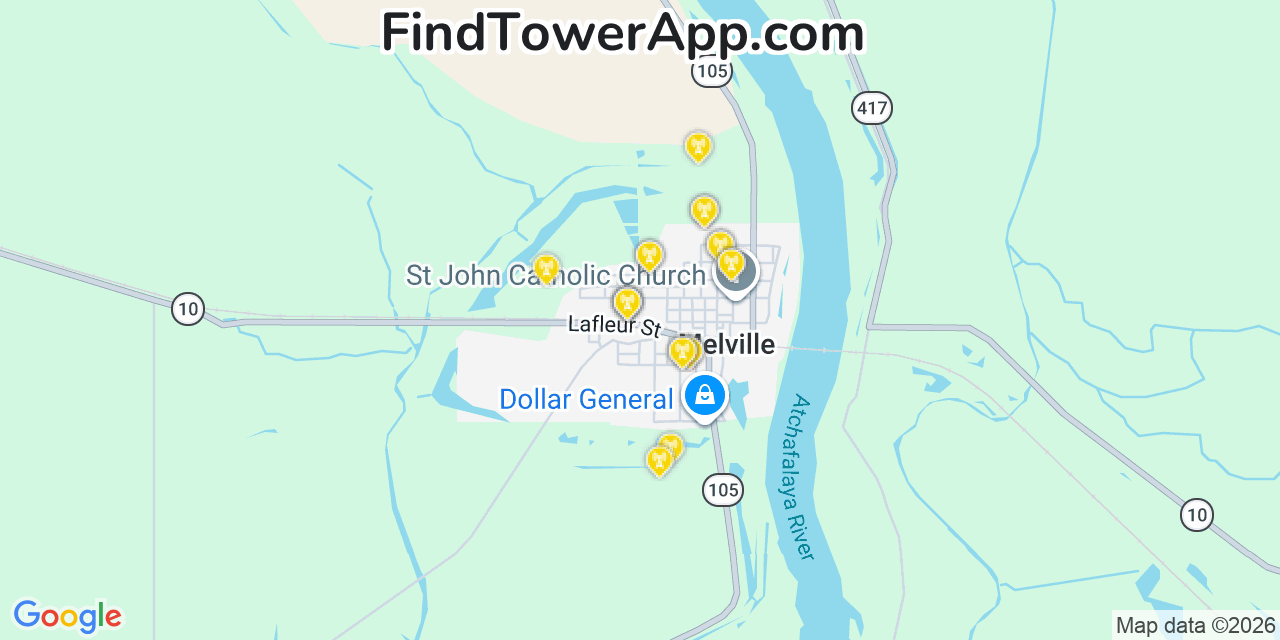 Map showing the 20 primary cell tower locations detected in Melville, Louisiana from AT&T, Verizon, and T-Mobile networks